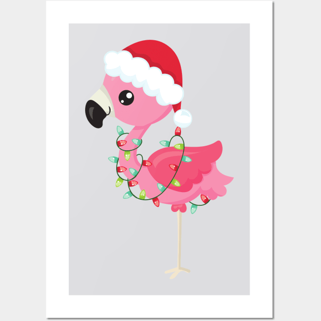 Christmas Flamingo, Santa Hat, Christmas Lights Wall Art by Jelena Dunčević